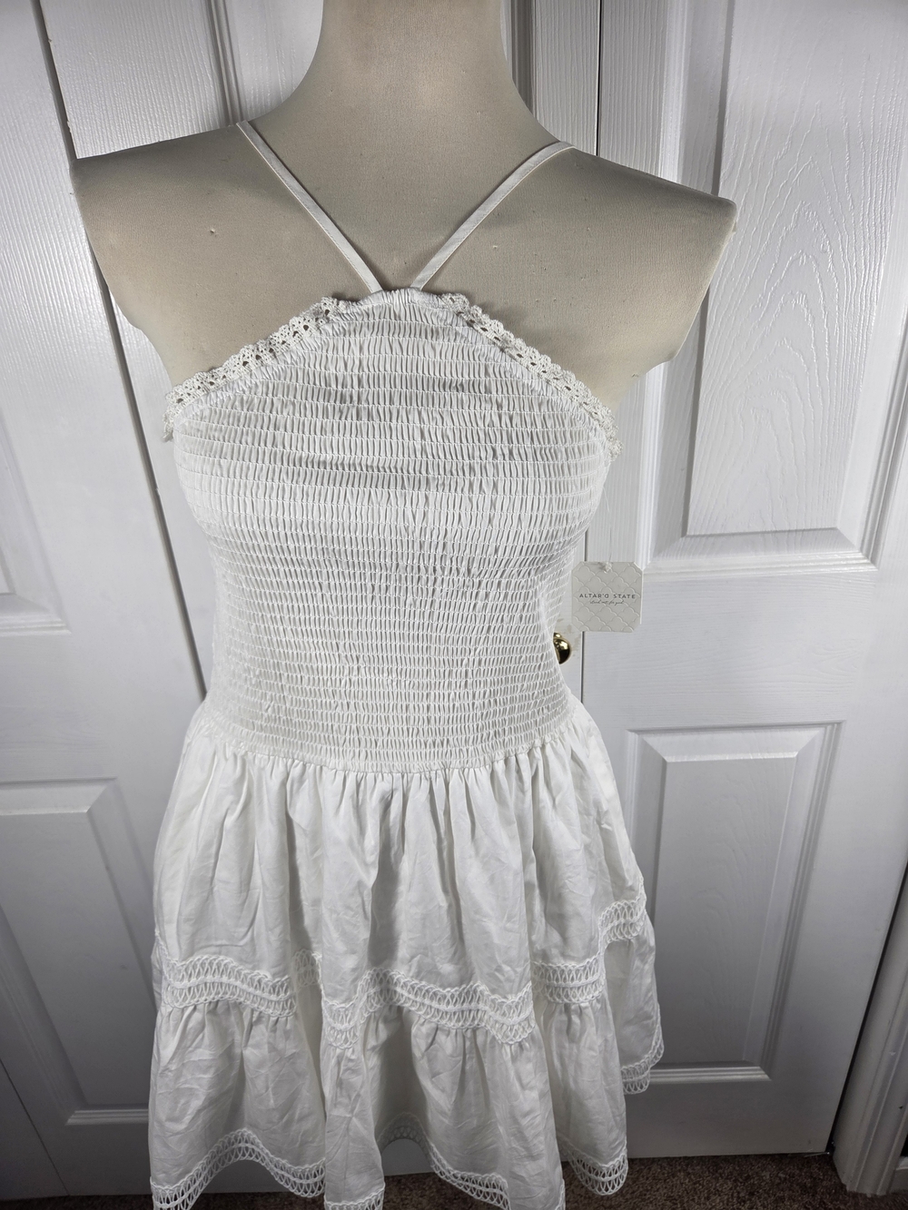 Altar'd State NWT White Smocked Halter Mini Dress Lace Trim Boho Size L